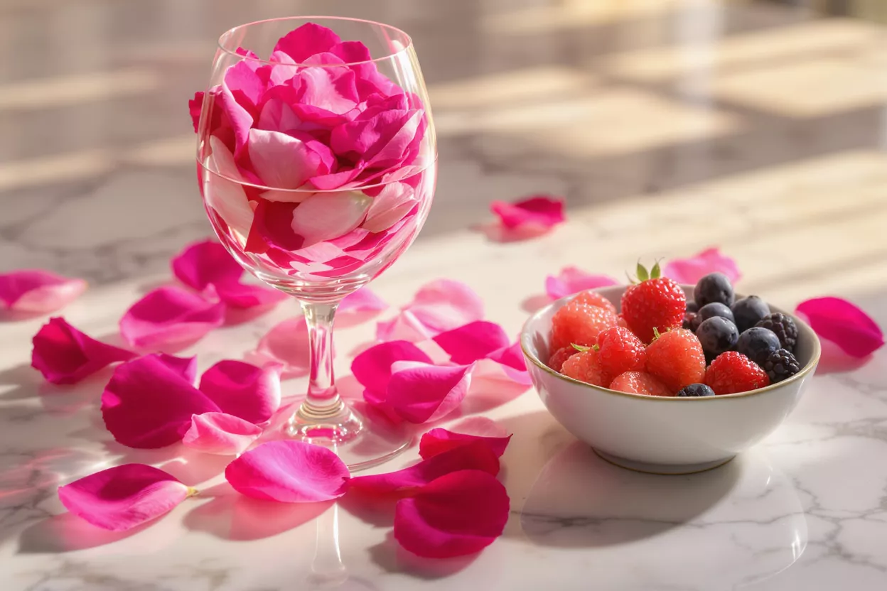 Wine glass filled with pink rose petals, scattered petals, and a bowl of berries.
