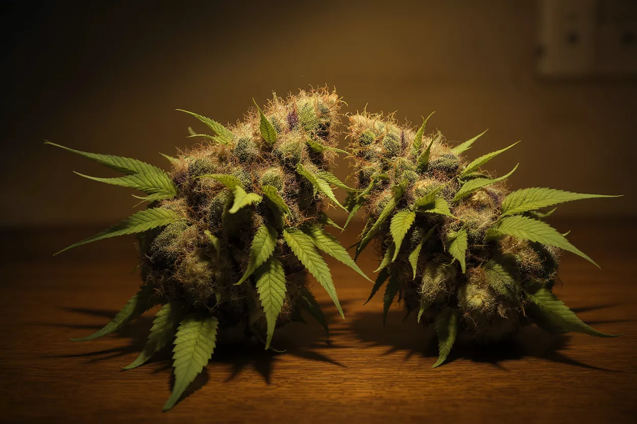 Two vibrant cannabis buds with green leaves and orange hairs on a dark wooden surface.