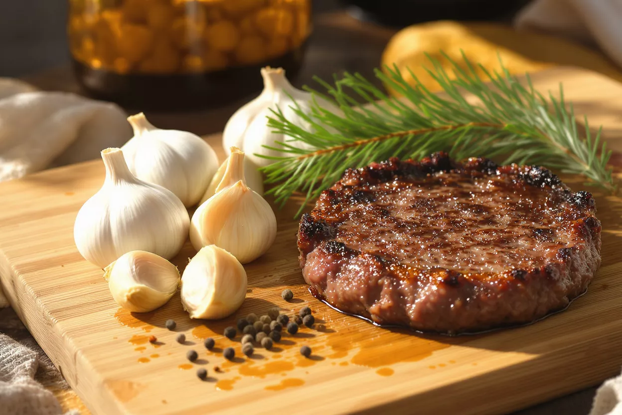 A perfectly grilled steak on a wooden board with garlic, peppercorns, and rosemary.