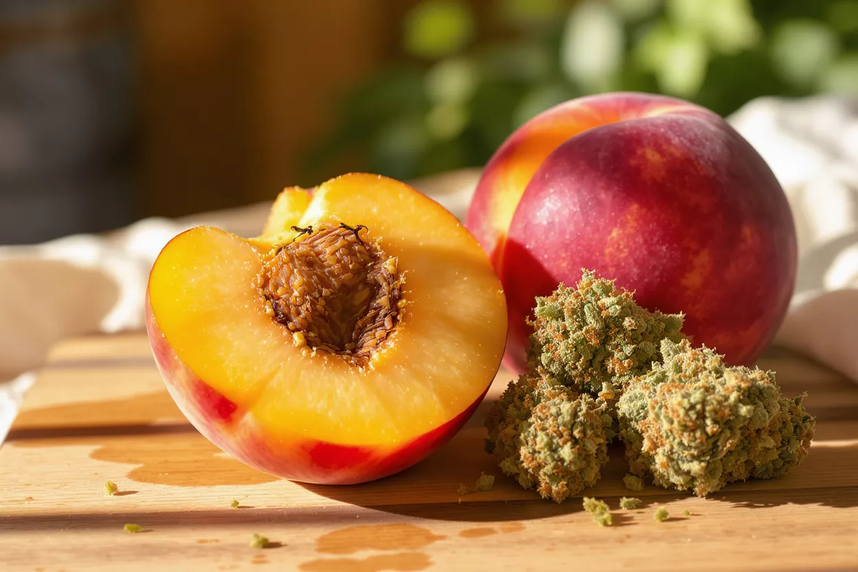 Two peaches and cannabis buds on a wooden board in natural light.