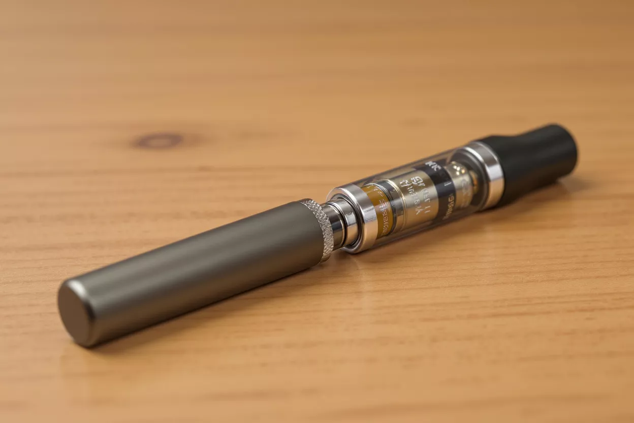 Close-up of a gray and black electronic cigarette vape pen on wood.