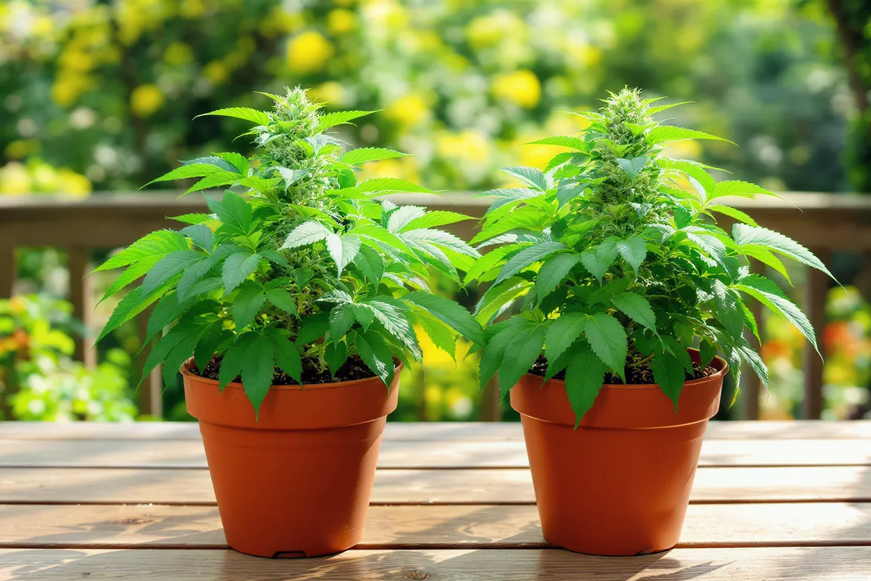 Two vibrant green cannabis plants in brown pots on a wooden deck.