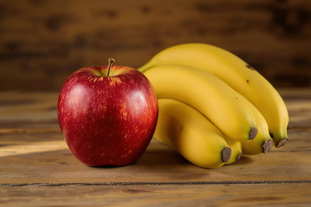 A vibrant red apple next to a bunch of ripe yellow bananas on a wooden surface.