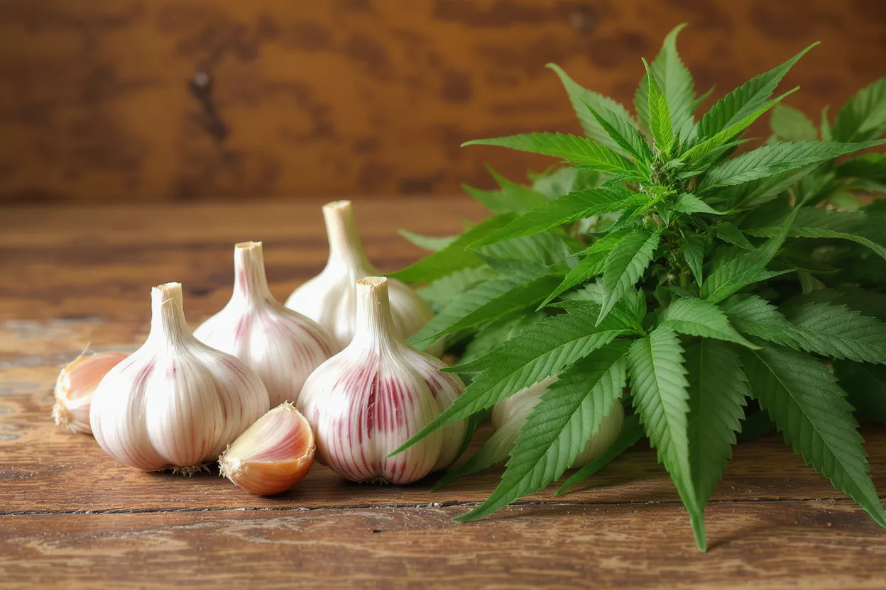Several garlic bulbs and a cannabis plant on a rustic wooden surface.