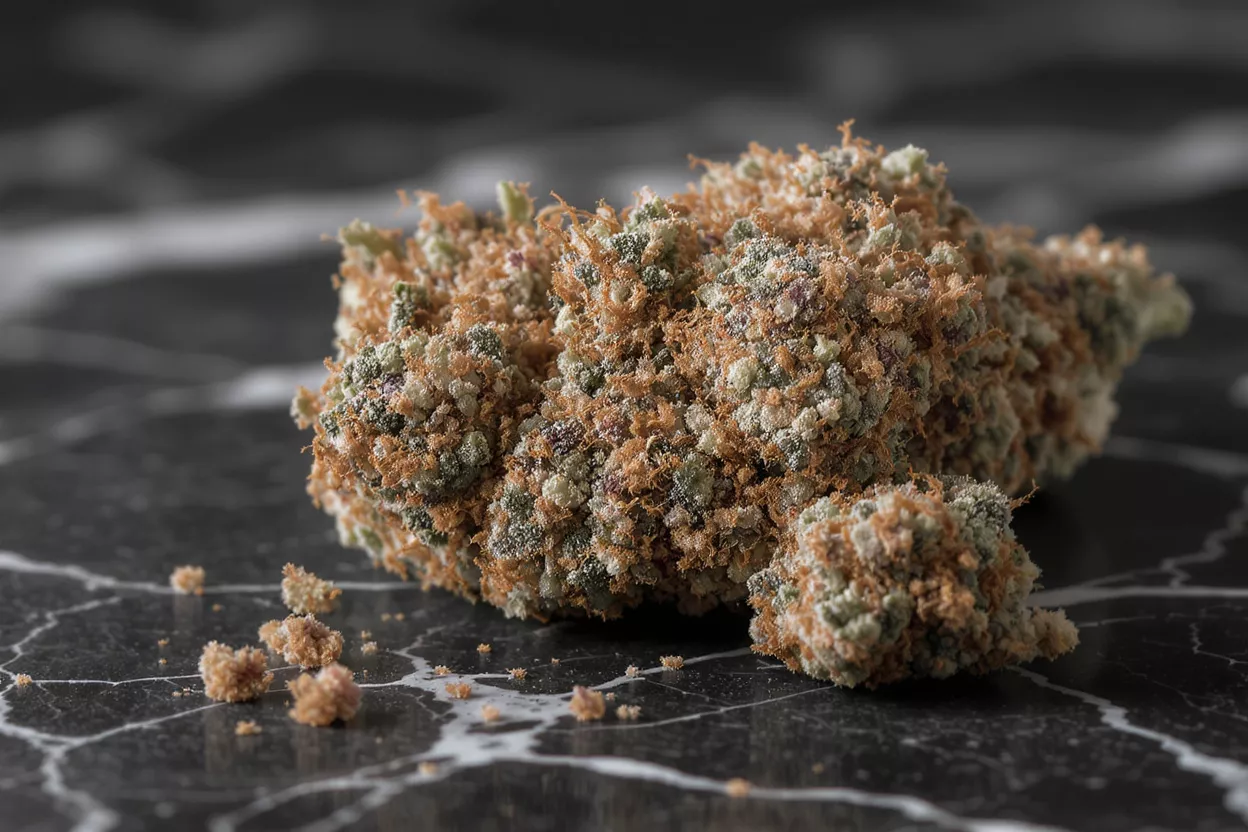 Close-up of a cannabis bud covered in orange hairs and trichomes on a marble surface.