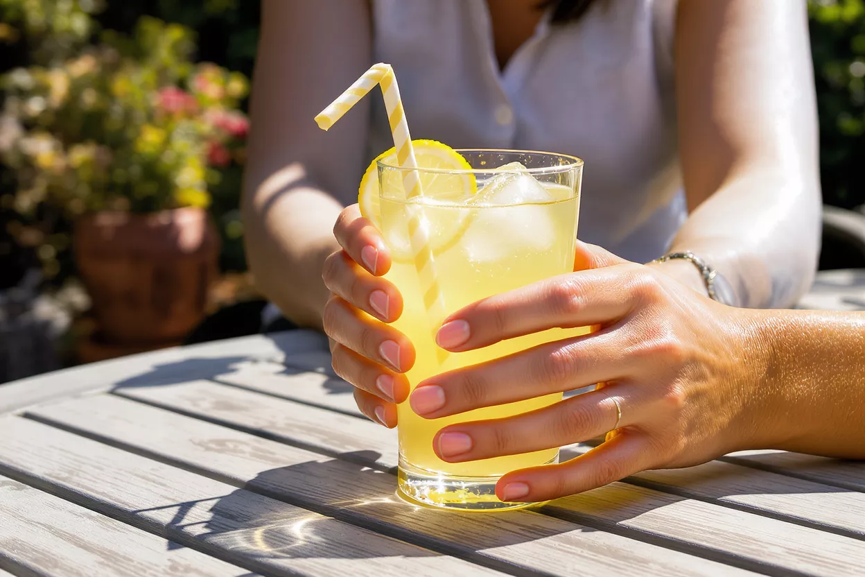 Close-up of hands holding a glass of lemonade with ice and lemon.