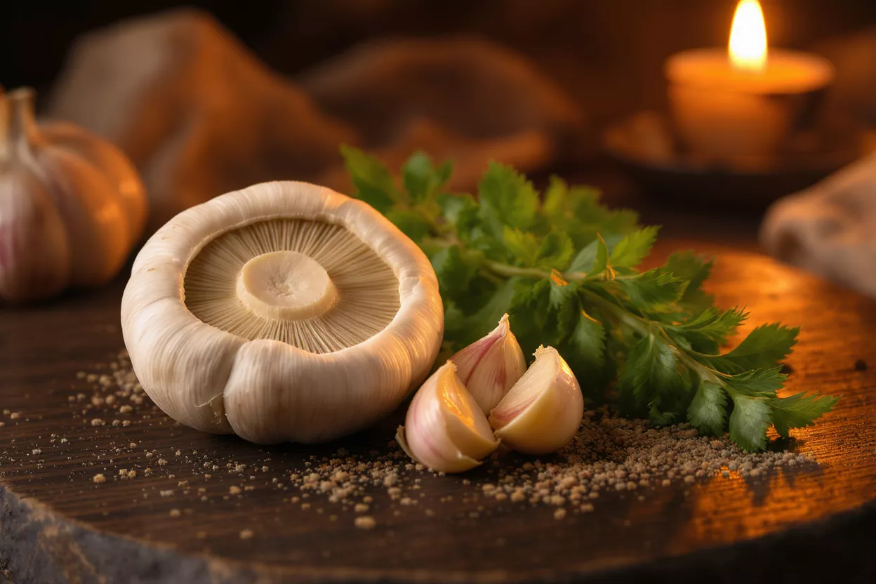 Mushroom, garlic cloves, and fresh herbs on a wooden board with candlelight.