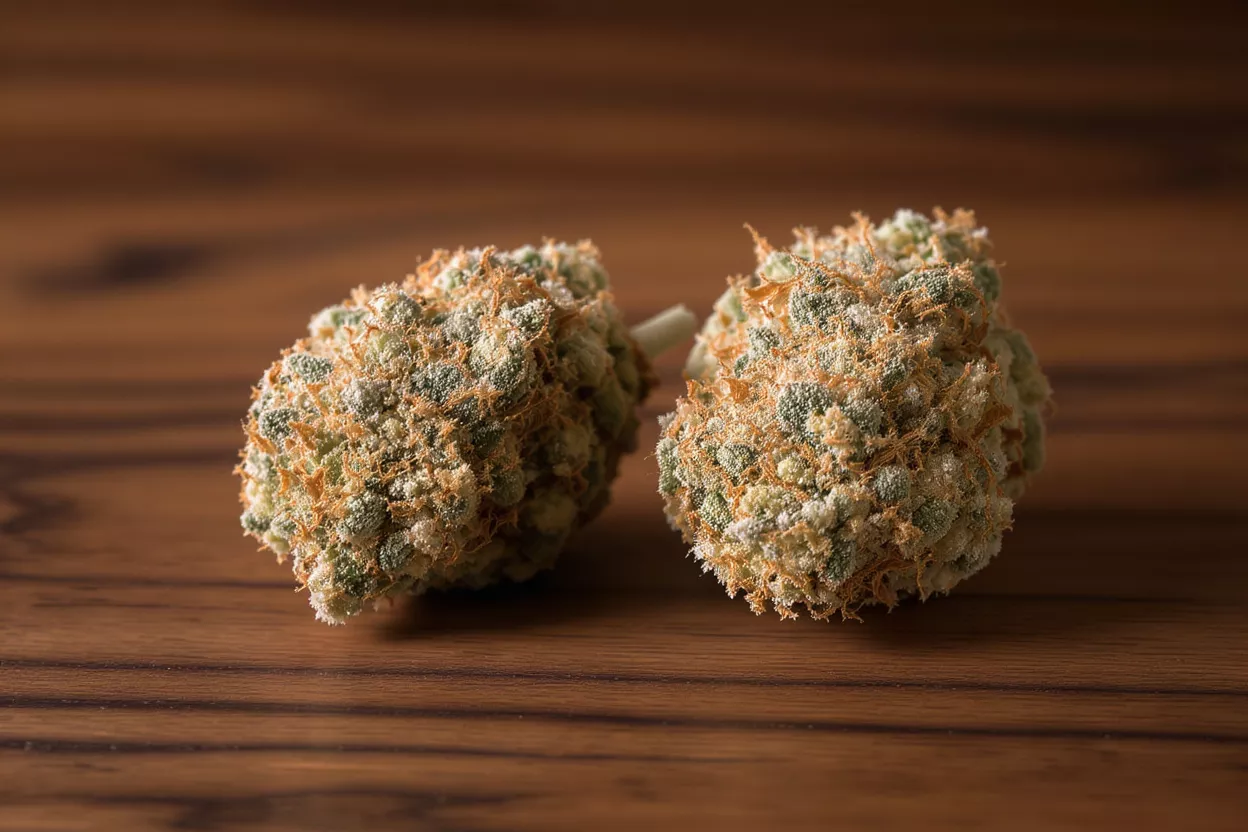 Two frosty cannabis buds with orange hairs on a wooden surface.