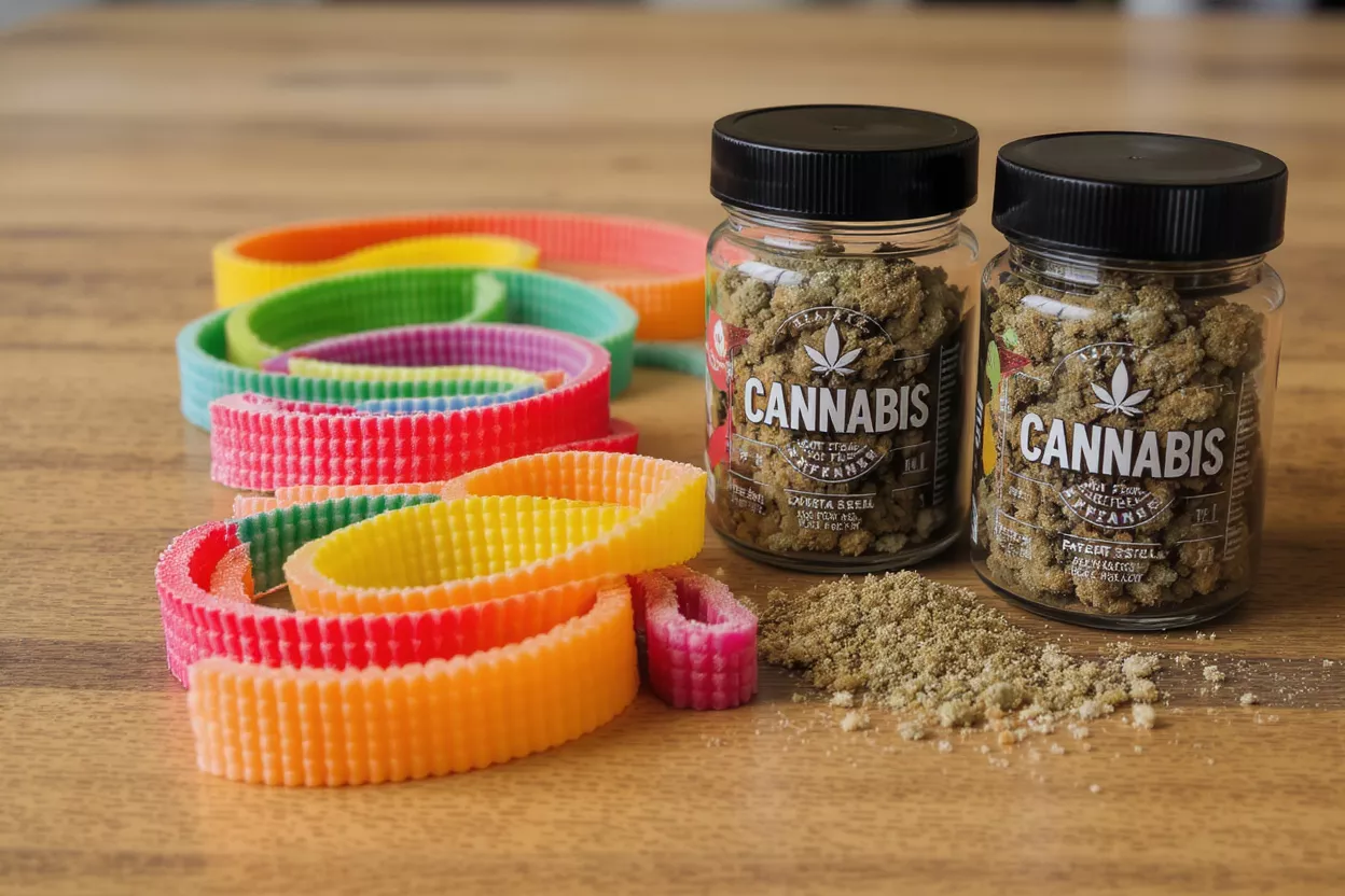 Two jars of cannabis next to colorful, textured candy on a wooden surface.
