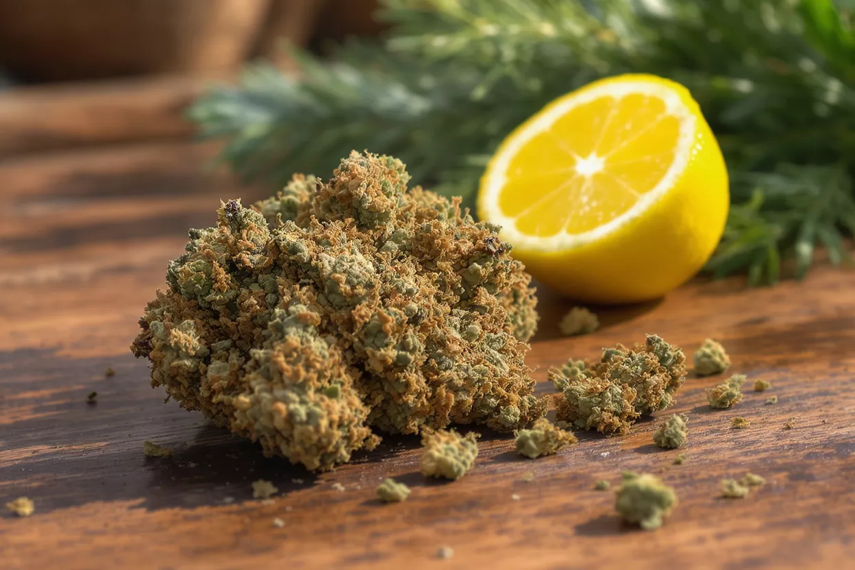 Close-up of cannabis bud and a lemon half on a wooden surface.