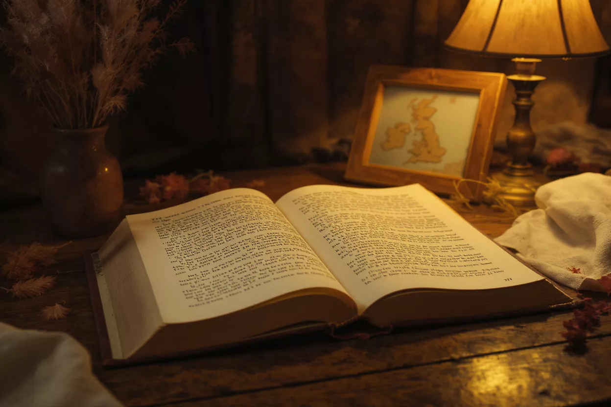 Open book on wooden table with warm lamp, vase, and framed map.