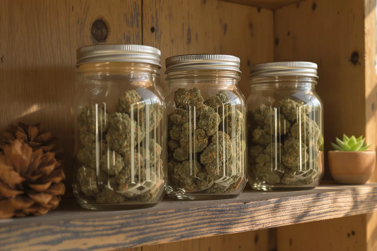 Three glass jars filled with cannabis buds on a rustic wooden shelf.