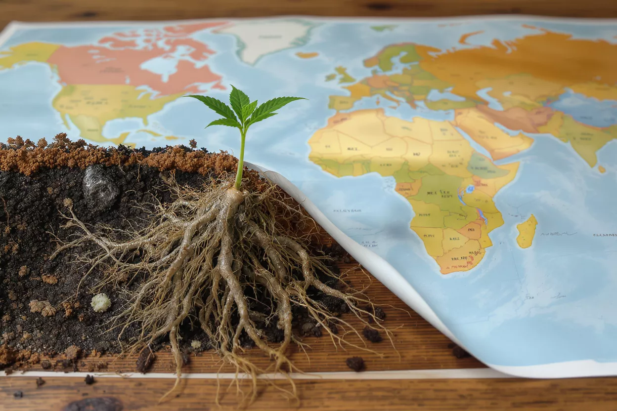 Small cannabis plant with roots exposed, growing on a world map.