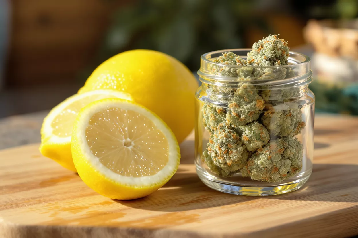 Cannabis buds in a jar with whole and sliced lemons on a wooden cutting board.