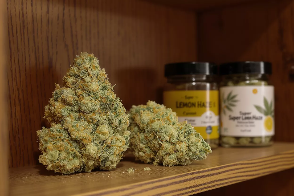 Two large, frosty cannabis buds with two Super Lemon Haze jars on a wooden shelf.