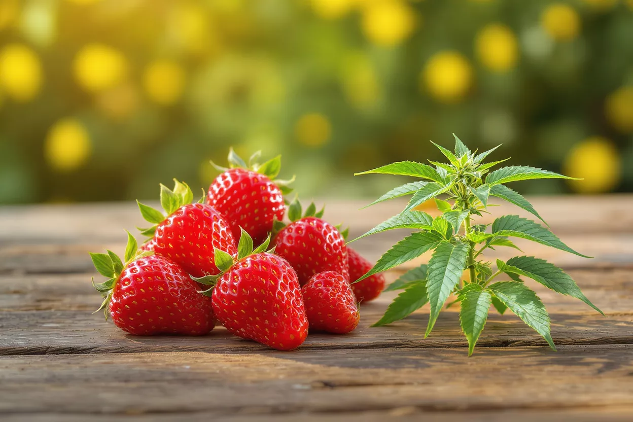 Fresh red strawberries and a small cannabis plant on a rustic wooden table.