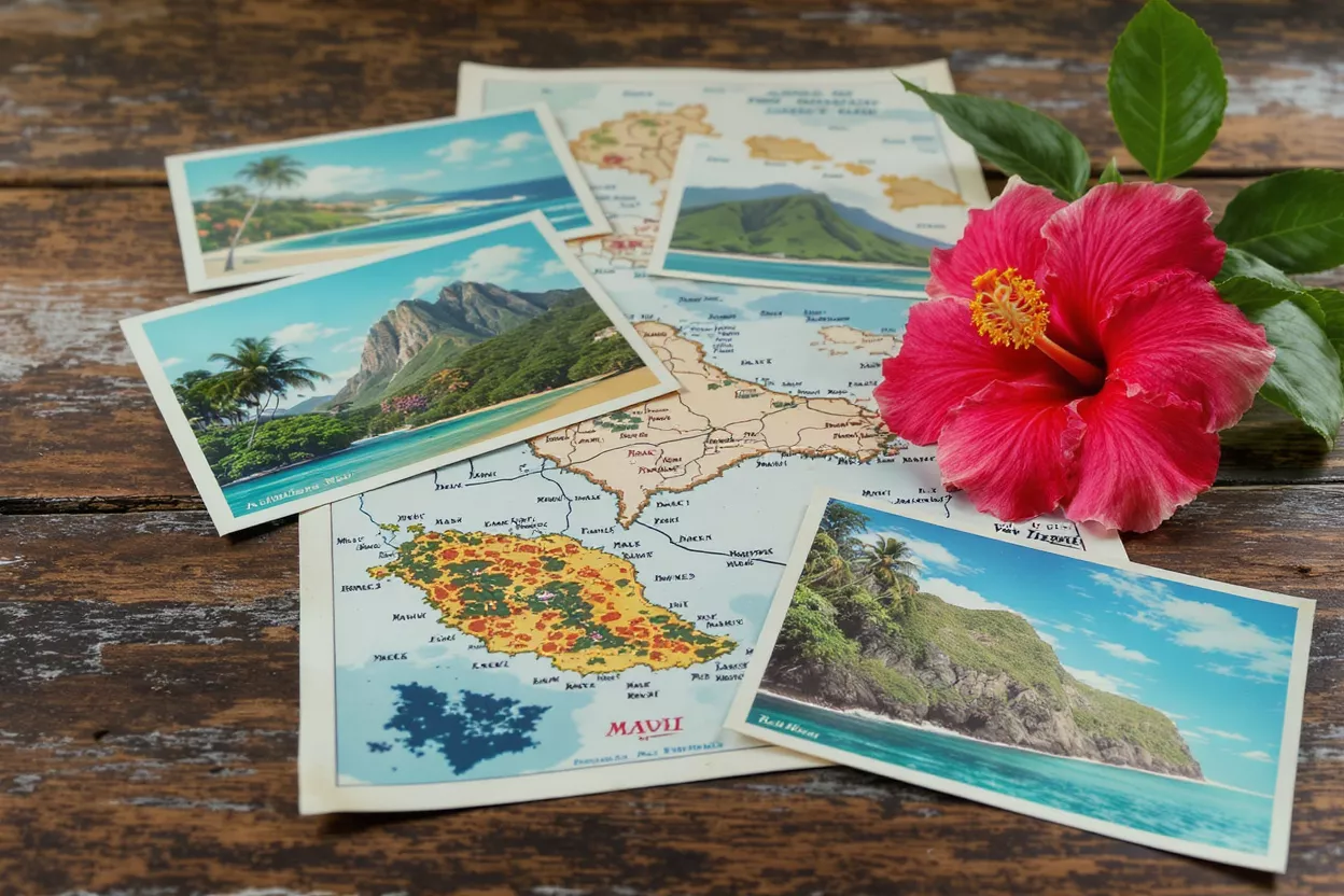 Tropical postcards, map, and hibiscus flower on a rustic wooden table.
