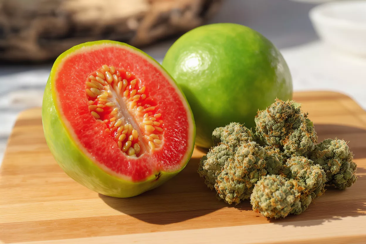 Cannabis buds, a sliced fruit with red flesh, and a whole lime on a wooden board.