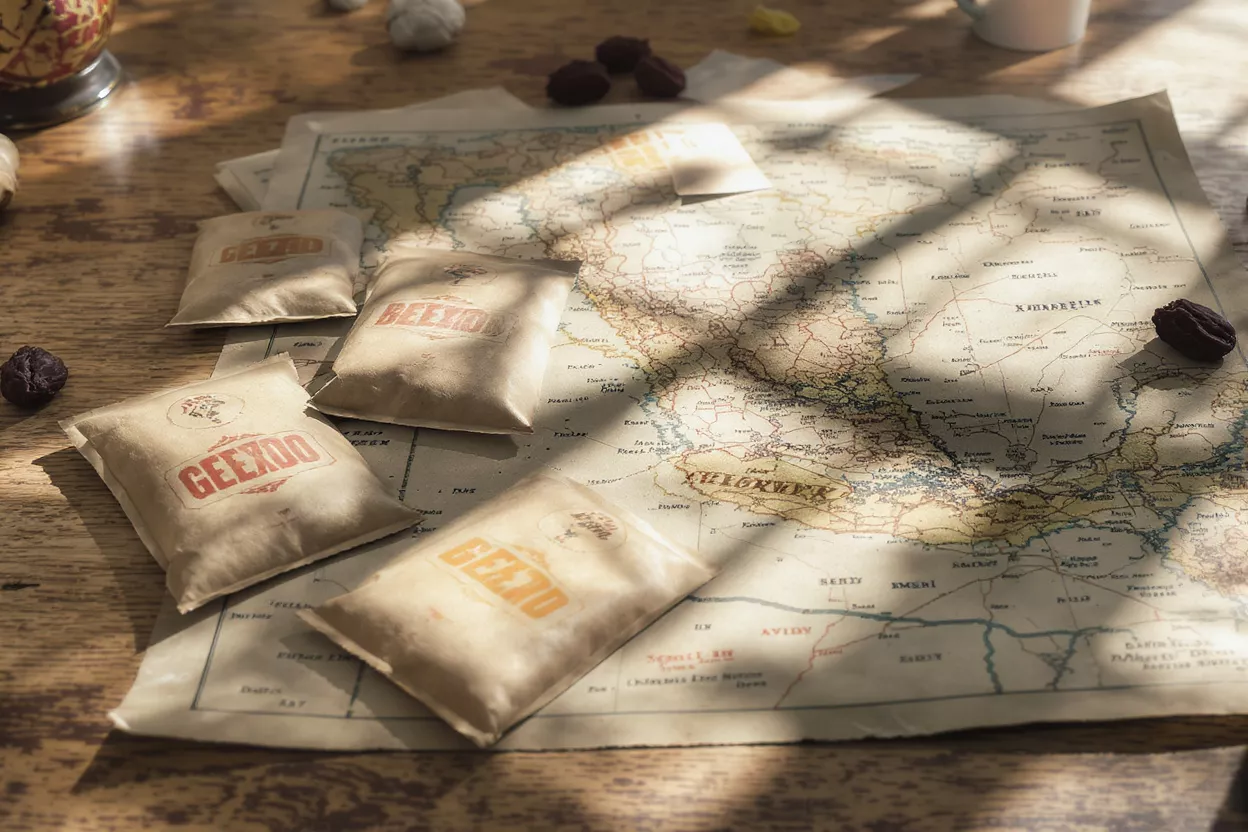 Several small spice packets on an old map, bathed in sunlight.