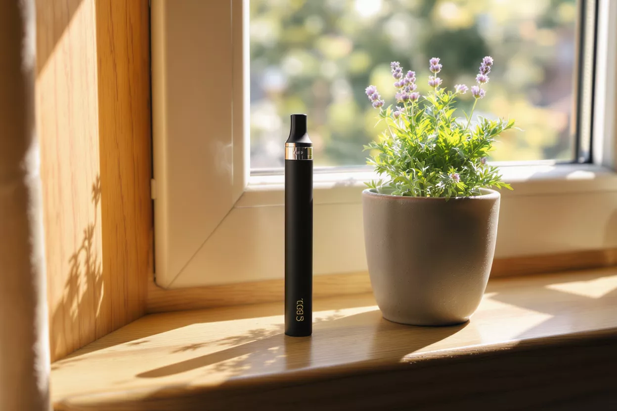 Black vape pen and small potted plant with lavender flowers on a sunlit windowsill.