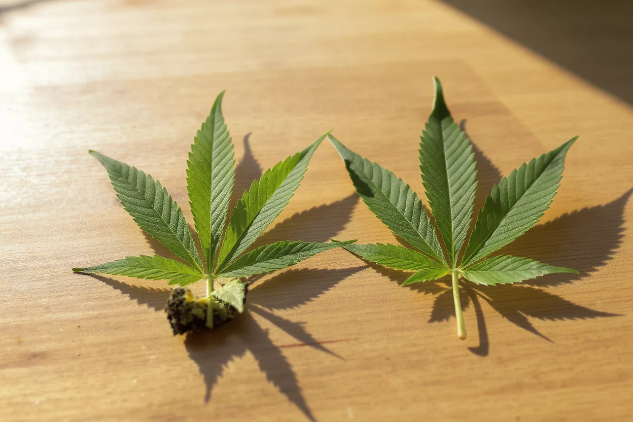 Two vibrant green cannabis leaves on a light wooden surface with shadows.