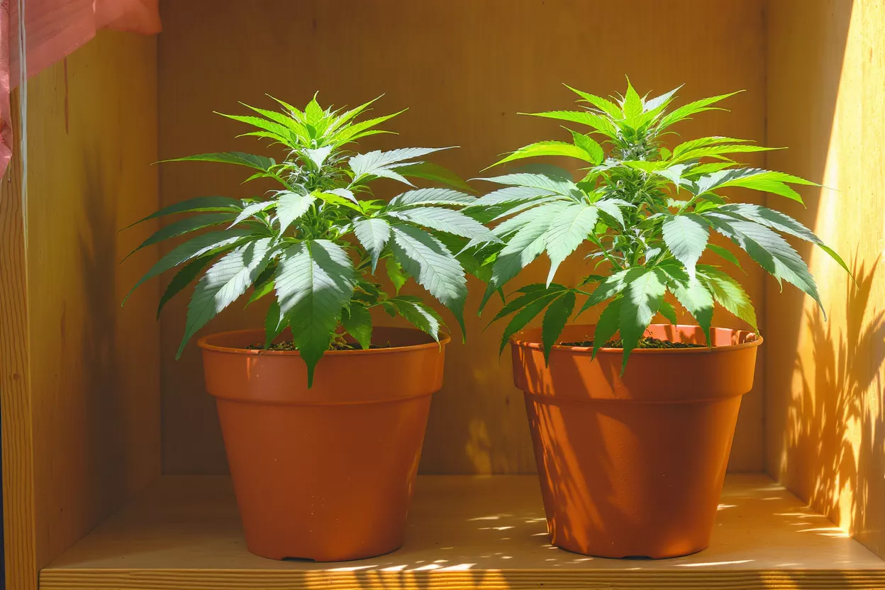 Dos plantas de cannabis en maceta Dos plantas de cannabis de un verde vibrante en macetas marrones sobre un estante de madera, bañadas por la luz solar.