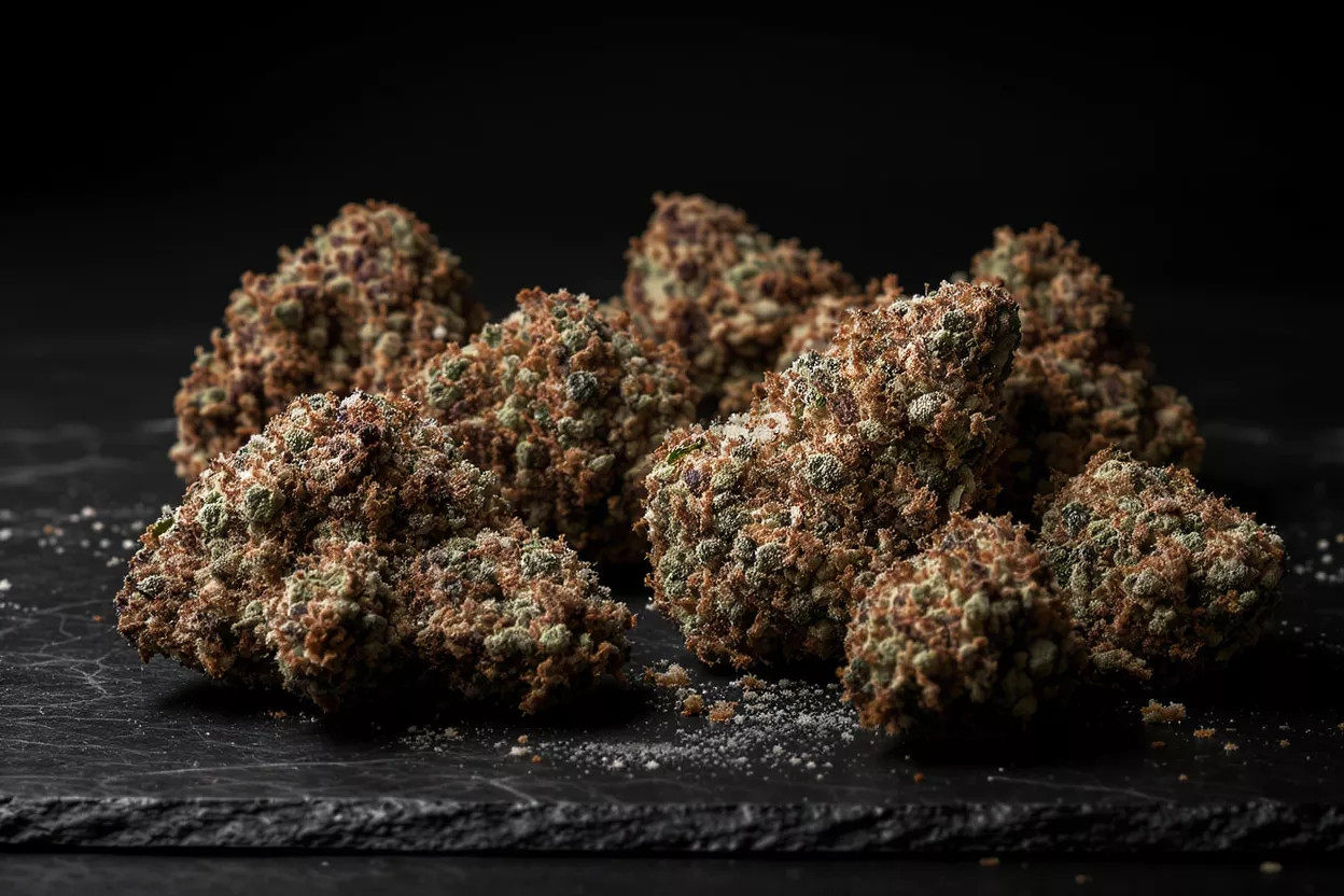 Close-up of several cannabis buds with visible trichomes on a dark slate surface.