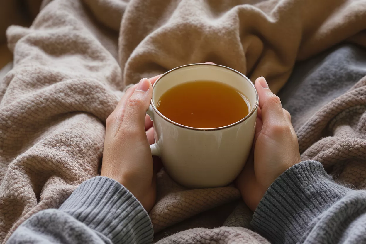 Moment de thé chaleureux et confortable Mains tenant une tasse blanche de thé chaud nichée dans des couvertures douces.