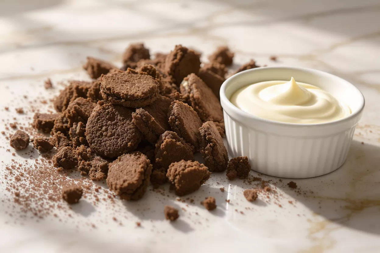 A pile of chocolate cookie crumbs next to a ramekin of vanilla cream.