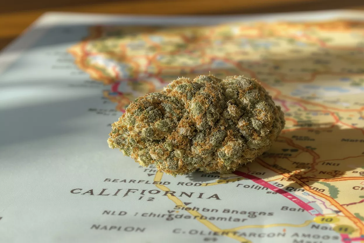 A vibrant cannabis bud rests on a map of California, highlighted by sunlight.
