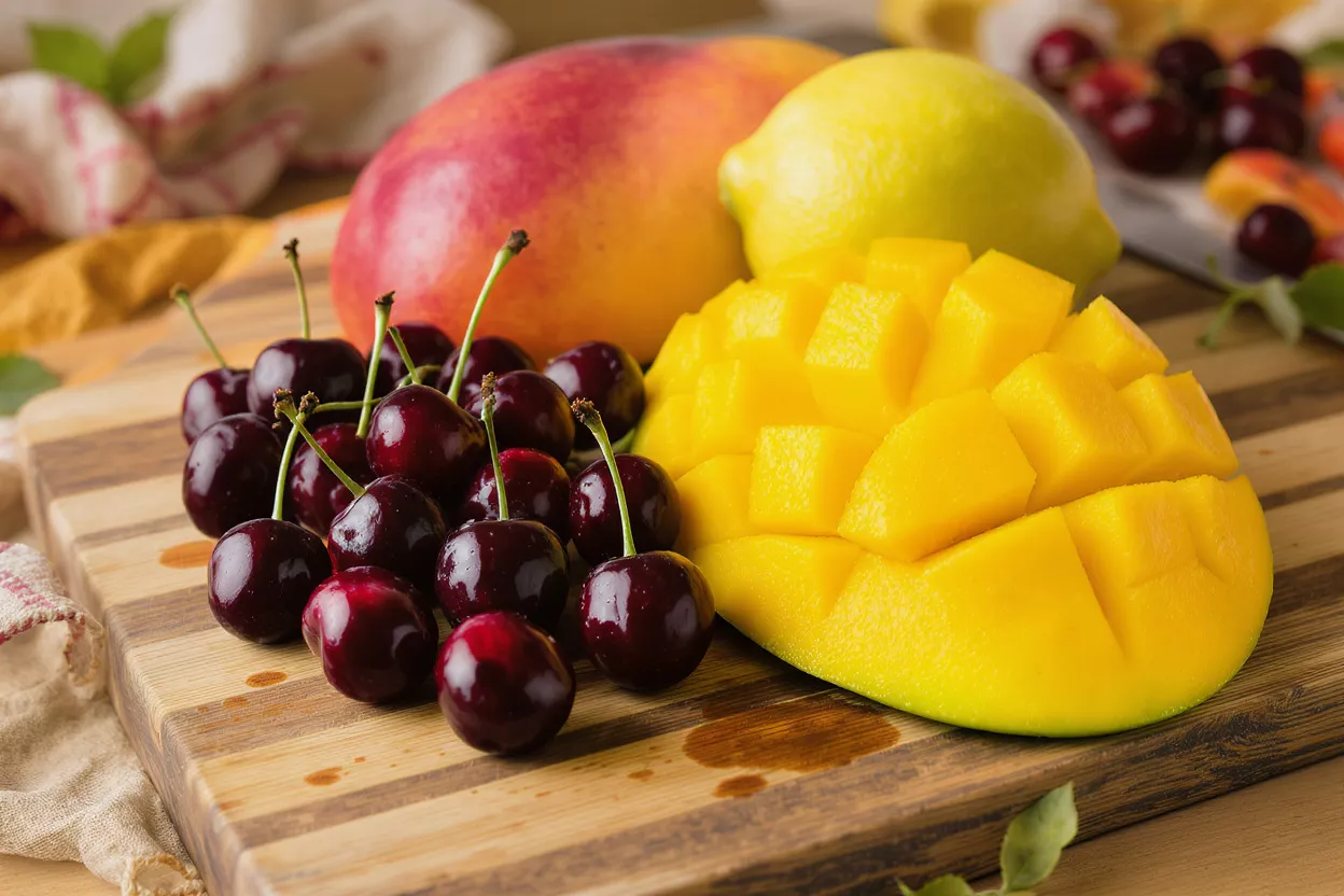 Dark red cherries, sliced mango, and a whole lemon on a striped wooden cutting board.