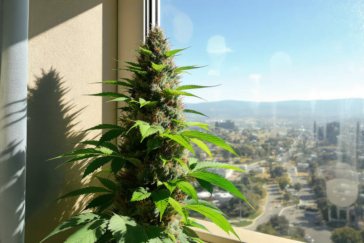 Plante de cannabis avec vue sur la ville Une plante de cannabis vigoureuse avec un bourgeon dense et des feuilles vertes près d'une fenêtre.
