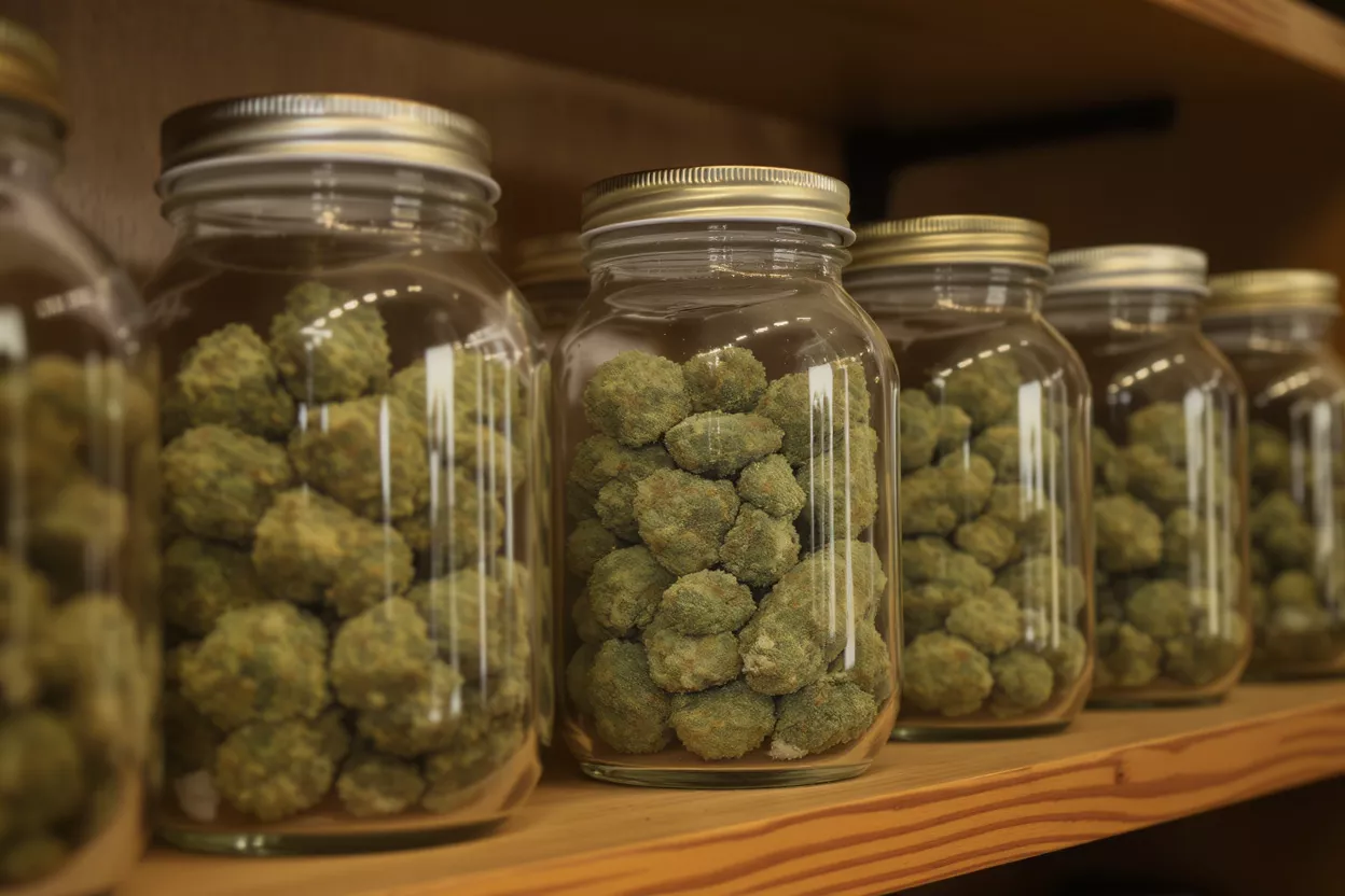 Rows of glass jars filled with green cannabis buds on a wooden shelf.
