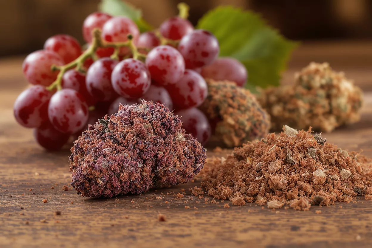 Bourgeons de cannabis Kief Raisin Gros plan de bourgeons de cannabis aromatisés au raisin, du kief et des raisins rouges frais sur du bois.