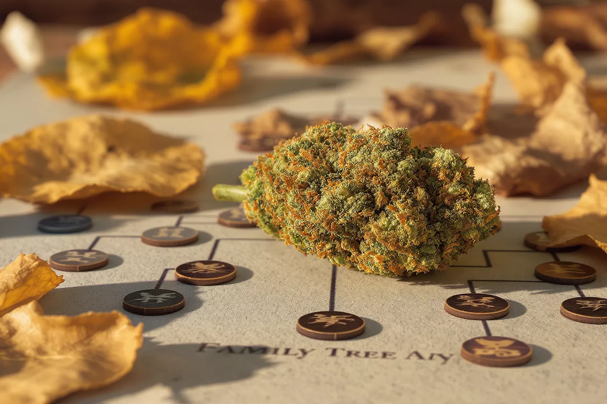 Close-up of a vibrant cannabis bud on a family tree board game.