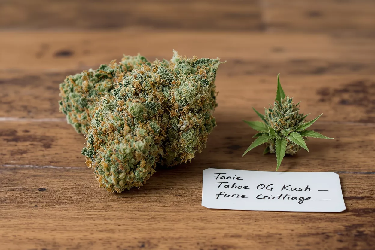 Two cannabis buds, one large and one small, with a handwritten label on a wooden surface.
