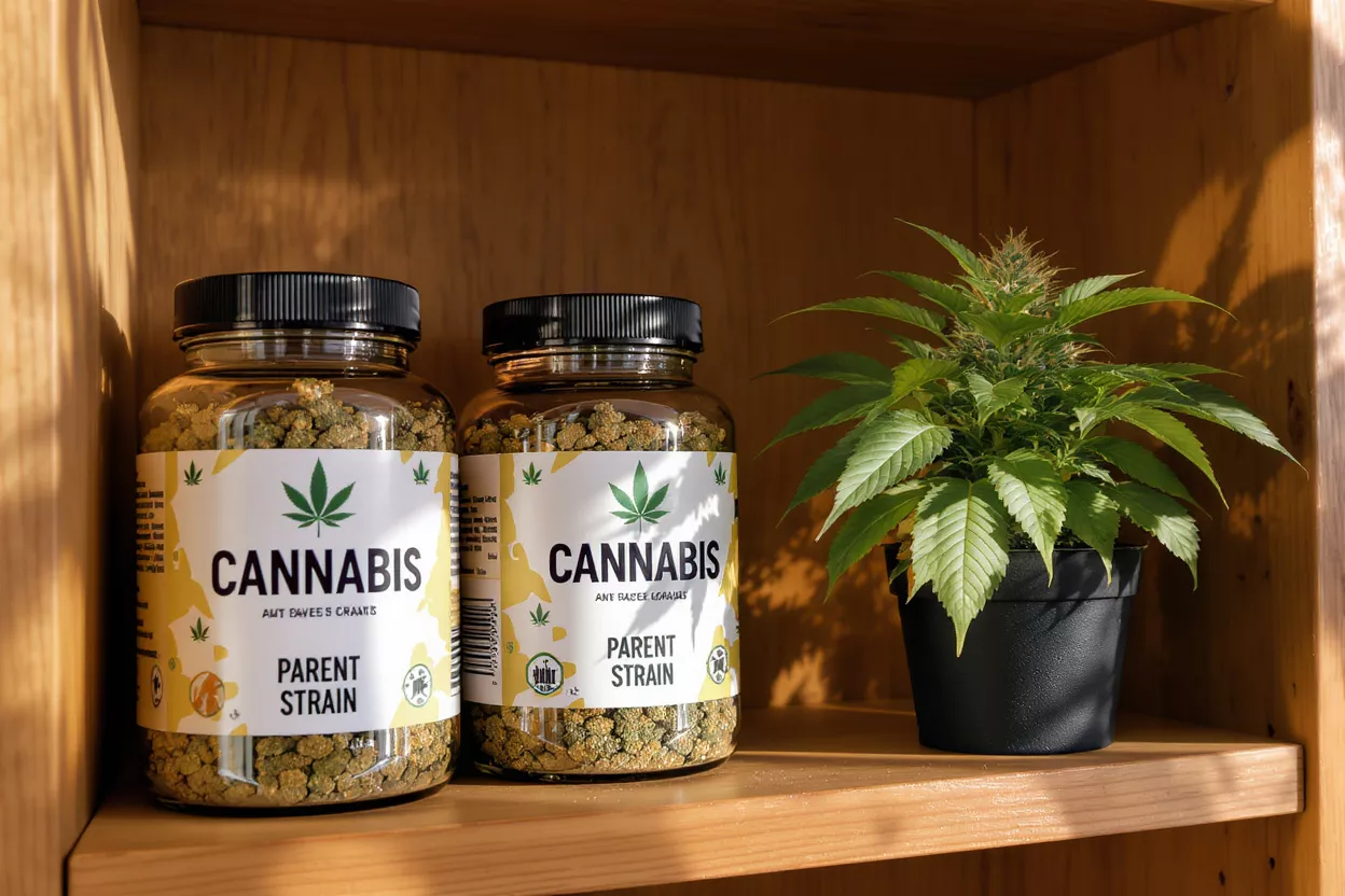 Two jars of cannabis and a potted cannabis plant on a wooden shelf.