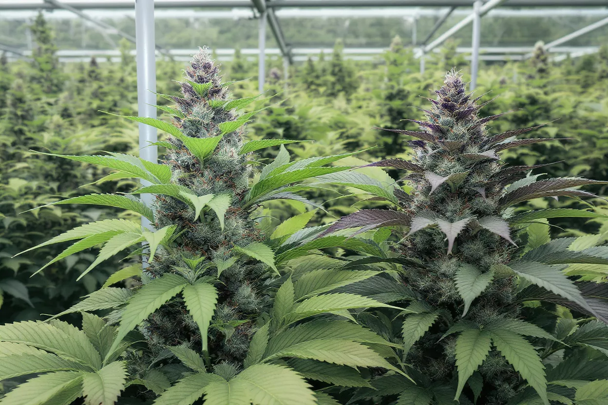 Two vibrant cannabis plants with dense buds and lush leaves in a greenhouse.