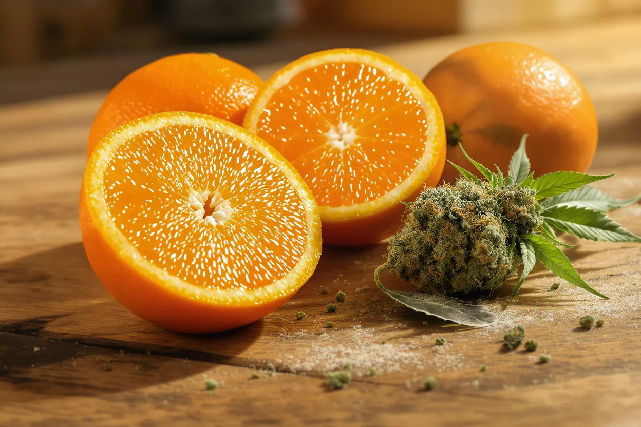 Naranjas y Cogollo de Cannabis Naranjas brillantes, algunas en rodajas, junto a un cogollo de cannabis sobre una mesa de madera rústica.