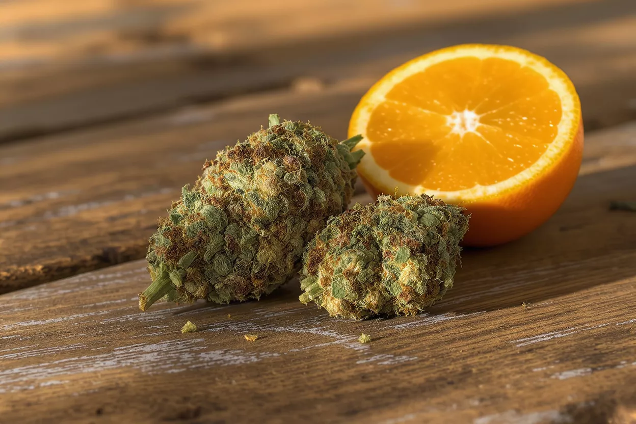Two cannabis buds and a sliced orange on a rustic wooden table.