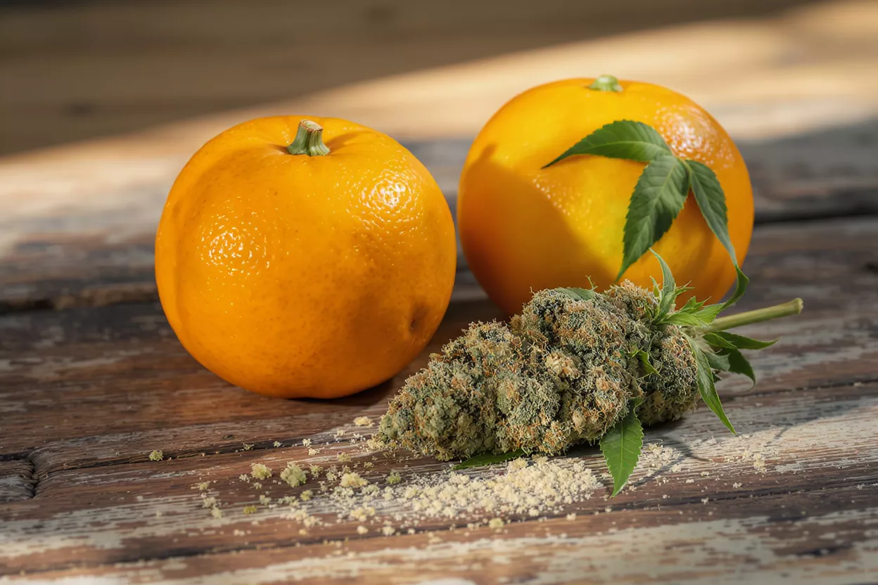 A vibrant cannabis bud with two oranges on a rustic wooden table.