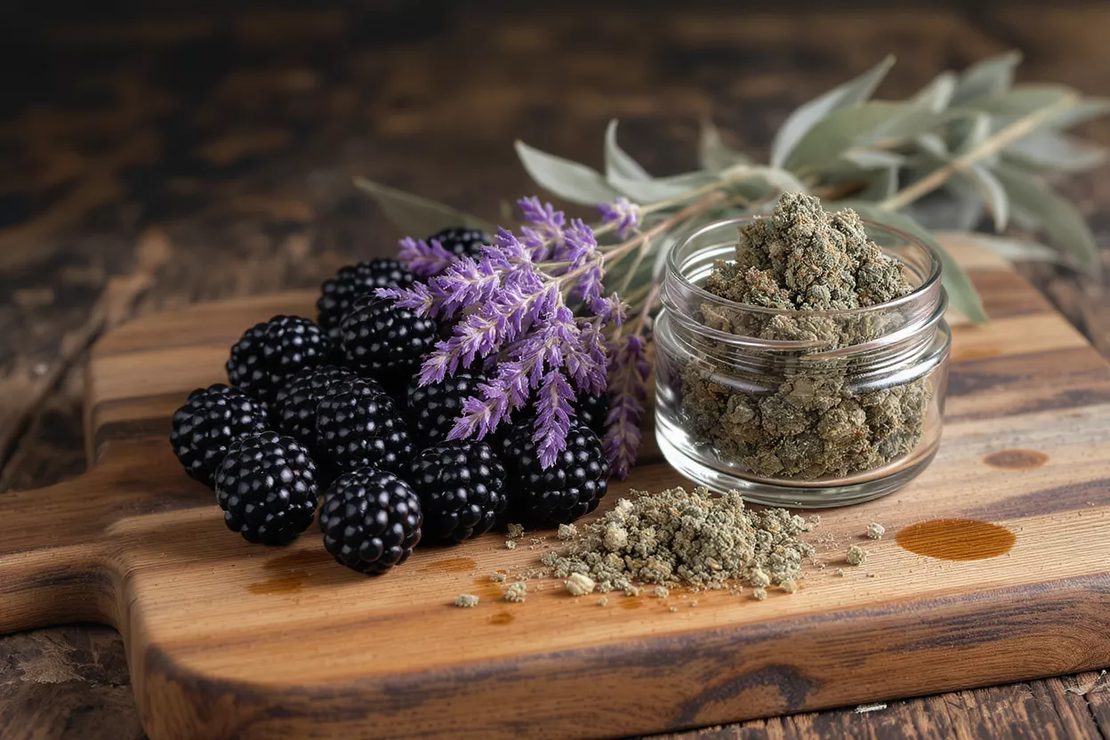 Cannabis buds, blackberries, and lavender on a wooden board with a dark background.