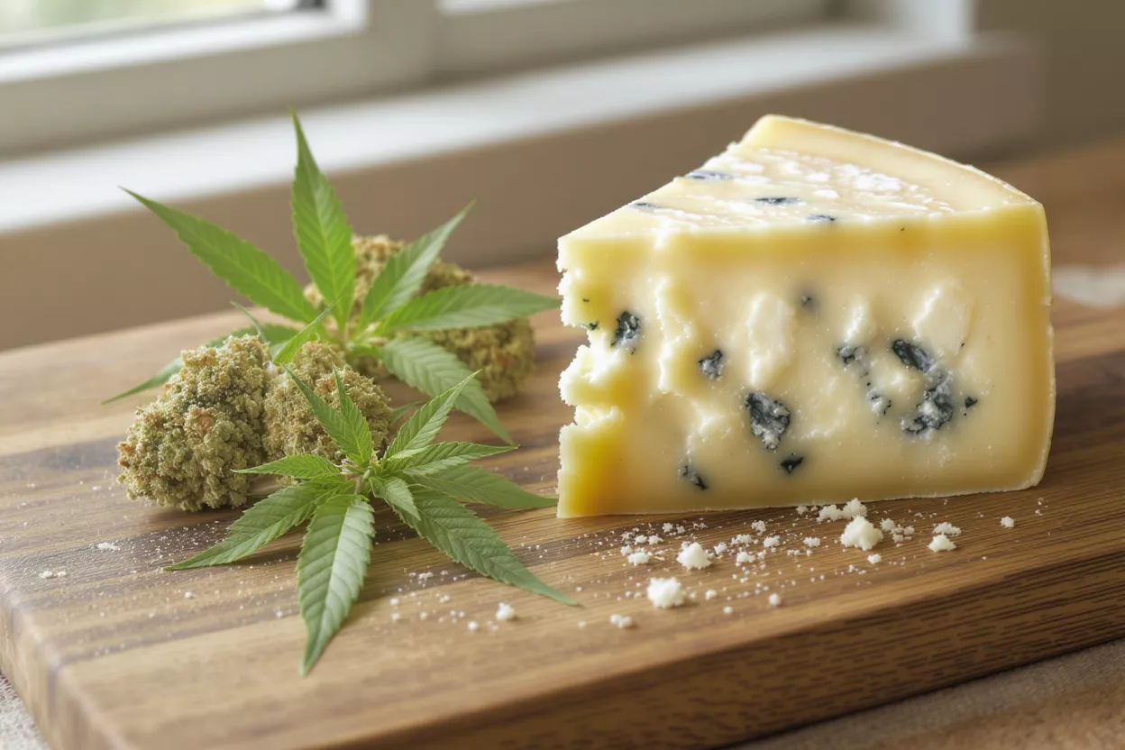 Close-up of cannabis buds, leaves, and a wedge of blue cheese on a wooden board.