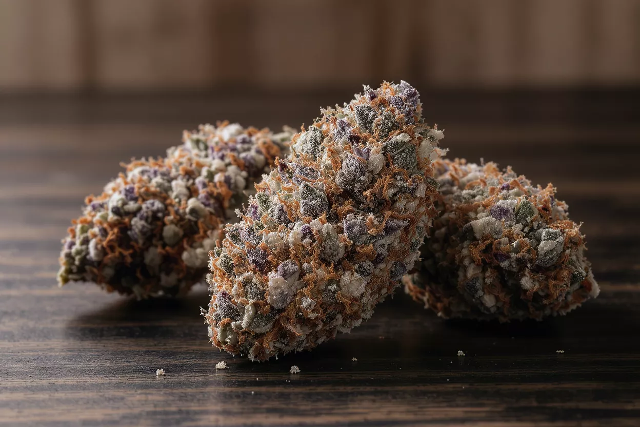 Close-up of three cannabis buds covered in trichomes and orange hairs.