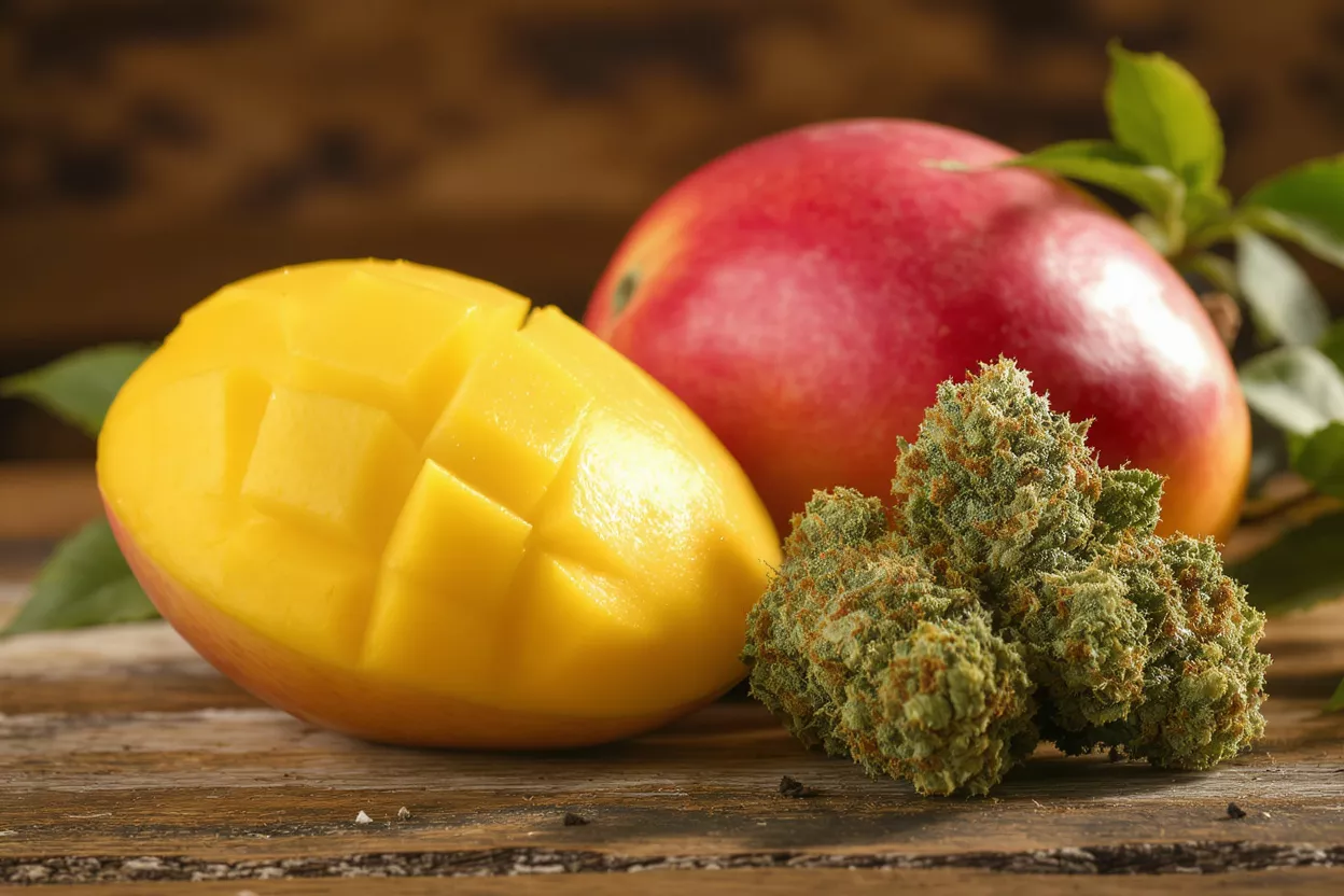 Une mangue entière, une mangue coupée en tranches et des têtes de cannabis sur une surface en bois.