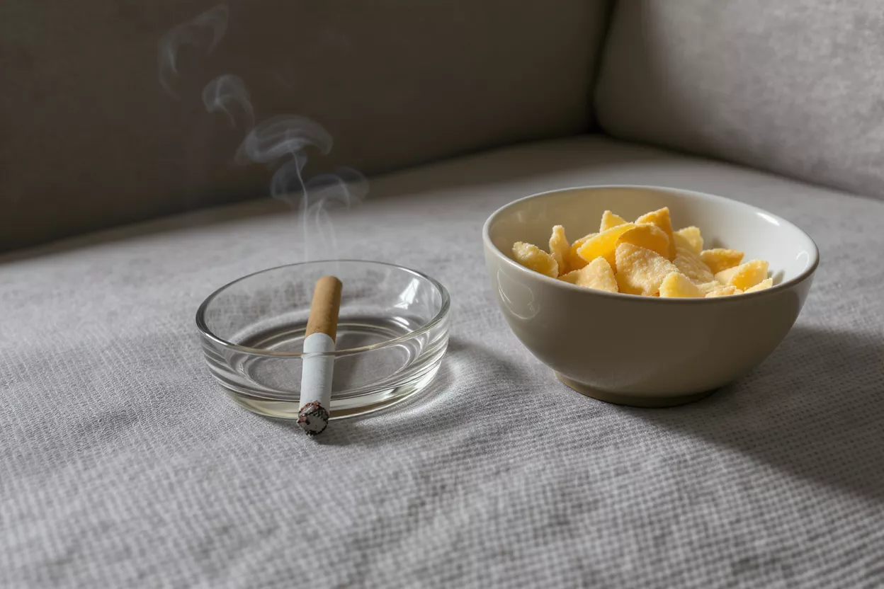 A lit cigarette in an ashtray next to a bowl of yellow snacks.