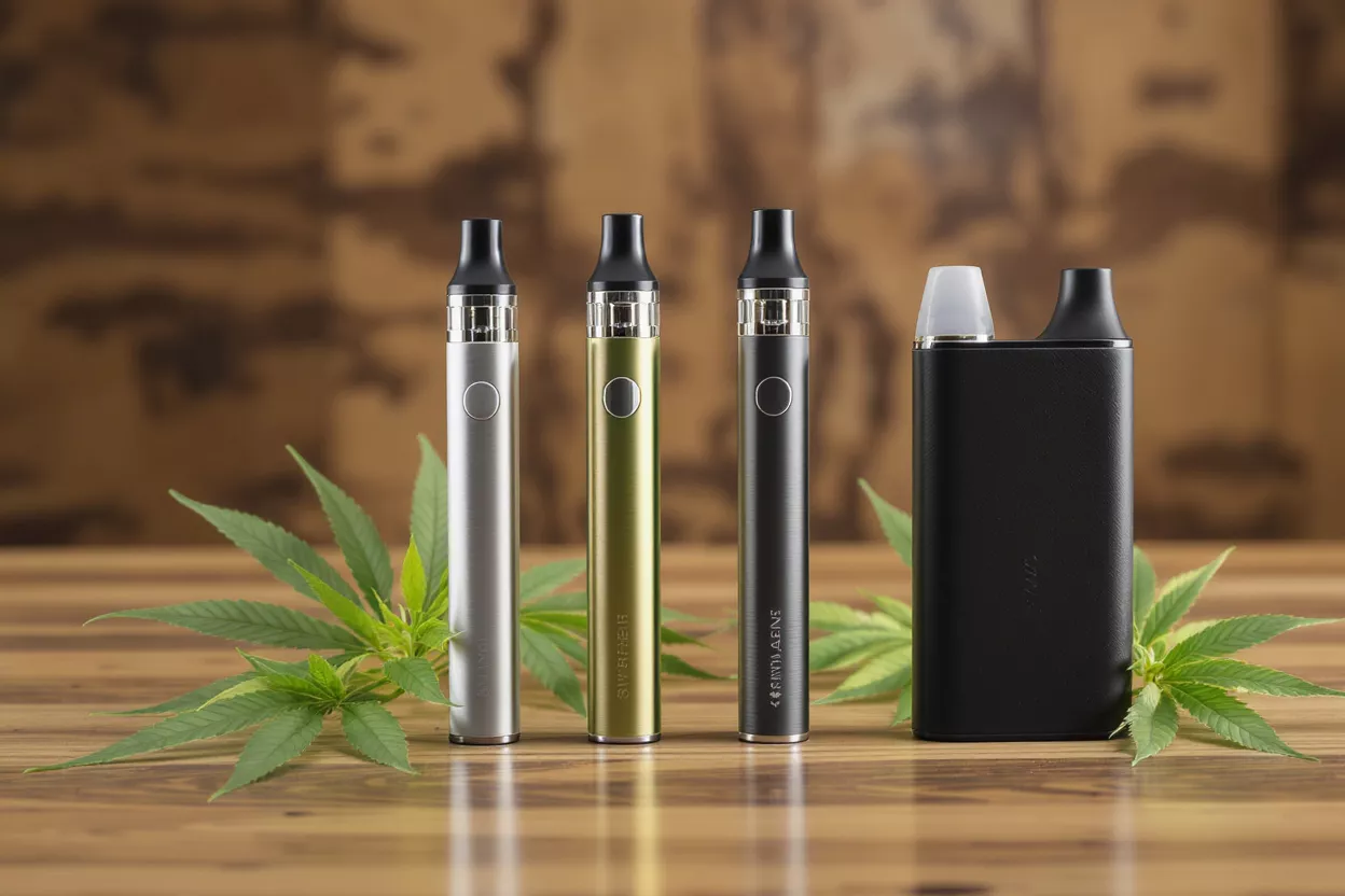 Plumas para Vapear y Hojas de Cannabis Cuatro dispositivos de vapeo y hojas de cannabis sobre una superficie de madera.
