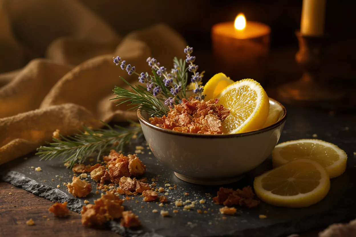 A bowl of lemon and lavender potpourri with rosemary and lemon slices.