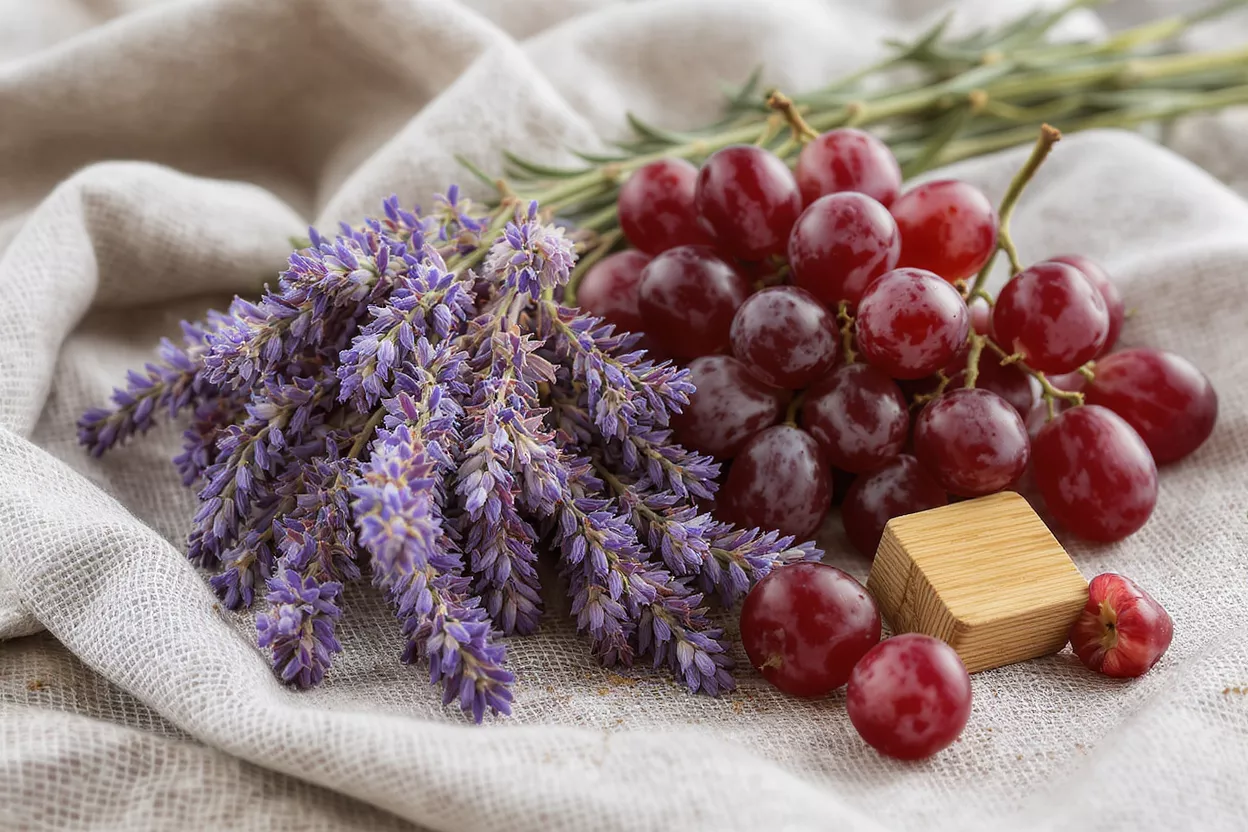 A close-up of lavender, red grapes, and rosemary on a linen cloth.