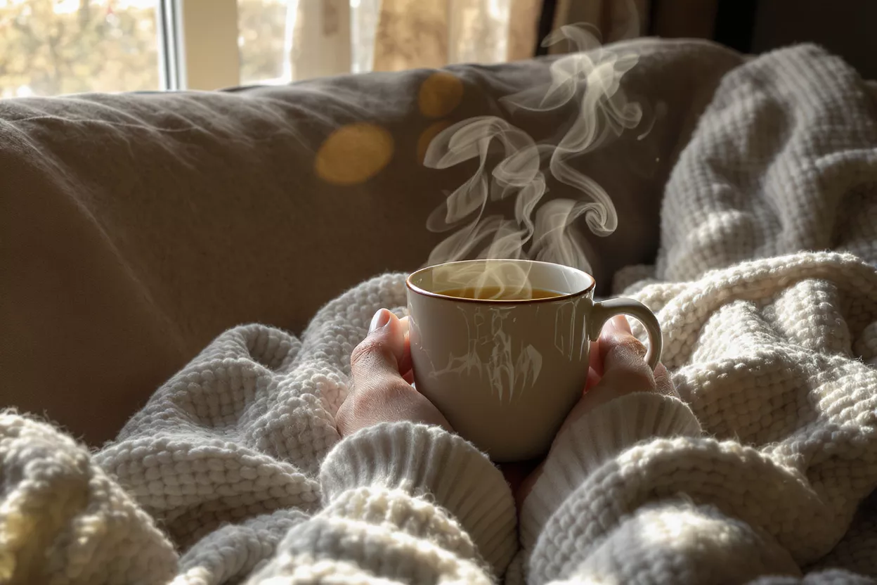 Taza humeante y acogedora Manos sosteniendo una taza humeante, rodeadas de una manta cálida de punto.